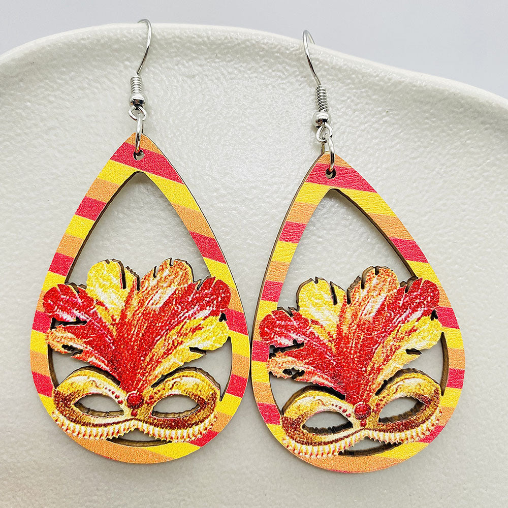 Wholesale Colorful Festival Exaggerated Mask Water Drop Hollow Wooden Earrings